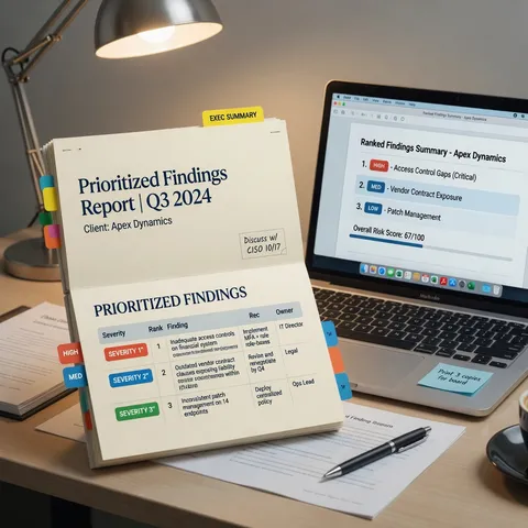 Printed prioritized findings report with page markers beside a laptop showing a ranked findings list