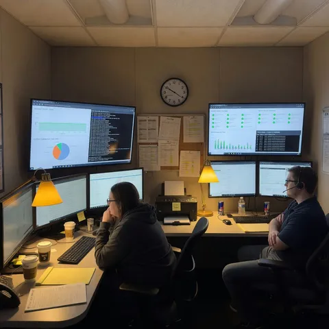 Analysts reviewing monitoring dashboards and log charts in a calm operations room