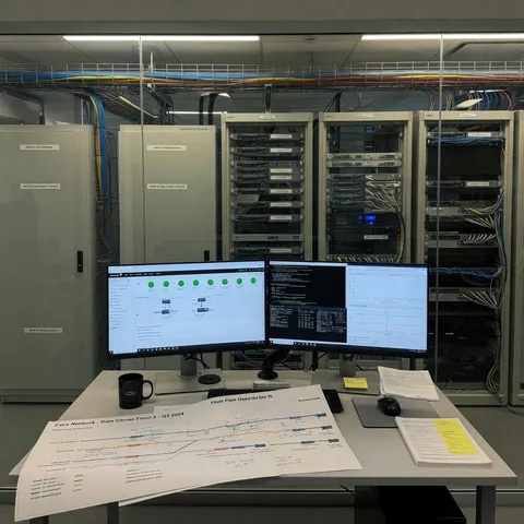 Neatly cabled server racks and network operations desk with topology notes in a professional infrastructure room